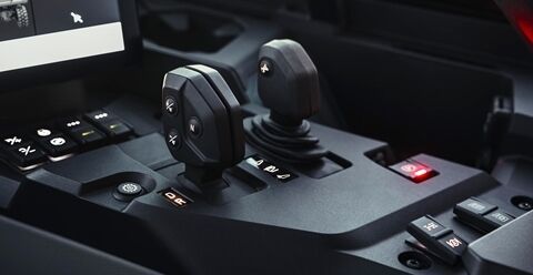 Close up of the gear lever inside the cab of a Volvo Articulated Hauler