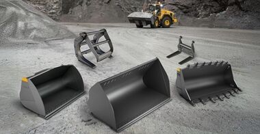 Volvo attachments for Volvo L150 wheel loader is quarry environment including grabber, forks and buckets