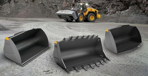 Three large buckets in front of L260 Volvo wheel loader that can be used in quarrying
