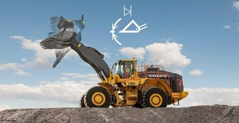 Side view of L350H wheel loder focusing on the bucket leveling function.